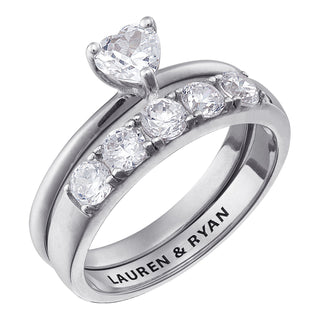 Sterling Silver Heart Of Love Engraved Wedding Ring Set