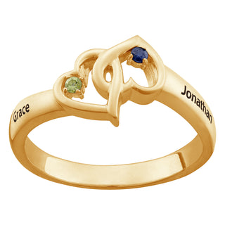 10K Yellow Gold Couples Double Heart Name and Birthstone Ring