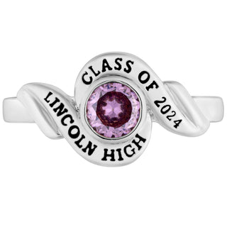 Ladies' Platinum Plated Swirl Bypass Round Birthstone Class Ring
