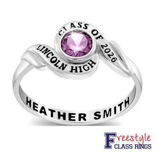 Ladies' Platinum Plated Swirl Bypass Round Birthstone Class Ring