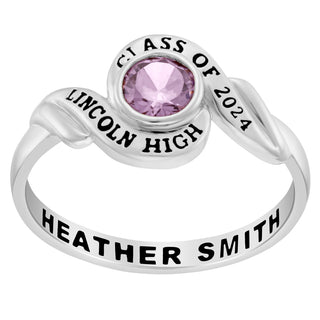 Ladies' Platinum Plated Swirl Bypass Round Birthstone Class Ring