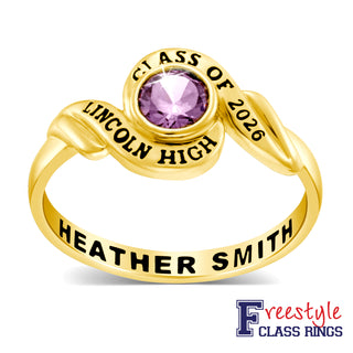 Ladies' 14k Gold Plated Swirl Bypass Round Birthstone Class Ring