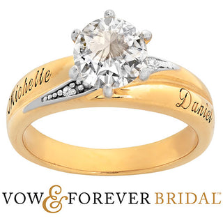 14K Gold over Sterling Brilliant White Topaz and Diamond Name  Wedding Ring