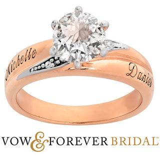 14K Rose Gold over Sterling Brilliant White Topaz and Diamond Name  Wedding Ring