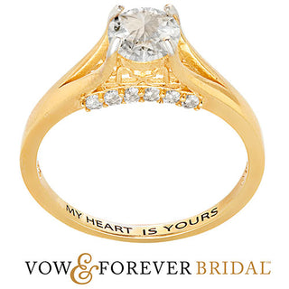 14K Gold over Sterling Brilliant White Topaz Engraved Wedding Ring