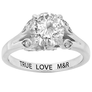 Platinum over Sterling Brilliant White Topaz with Leaf Detail Engraved Wedding Ring