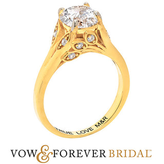 14K Gold over Sterling Brilliant White Topaz with Leaf Detail Engraved Wedding Ring
