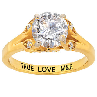 14K Gold over Sterling Brilliant White Topaz with Leaf Detail Engraved Wedding Ring