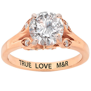 14K Rose Gold over Sterling Brilliant White Topaz with Leaf Detail Engraved Wedding Ring