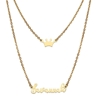 Stainless Steel Mini Name and Crown Layered Double Necklace