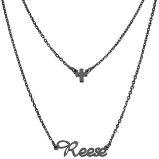 Stainless Steel Mini Name and Cross Layered Double Necklace
