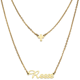 Stainless Steel Mini Name and Cross Layered Double Necklace