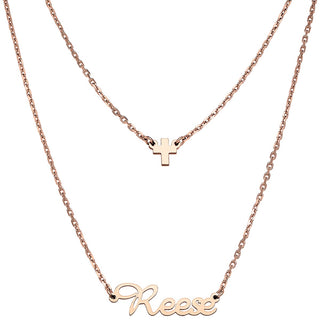 Stainless Steel Mini Name and Cross Layered Double Necklace