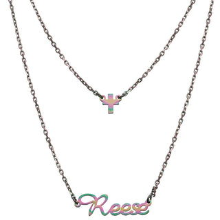 Stainless Steel Mini Name and Cross Layered Double Necklace