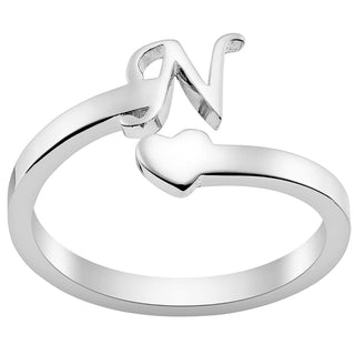 Silver Plated Script Initial and Heart Bypass Ring
