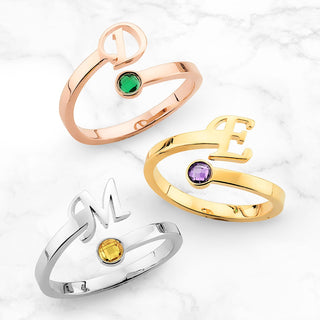 14K Gold Plated Script Initial and Birthstone Bypass Ring