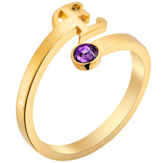 14K Gold Plated Script Initial and Birthstone Bypass Ring