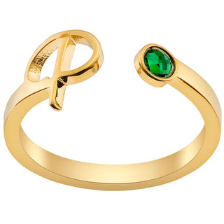 14K Gold Plated Script Initial and Birthstone Open Ring