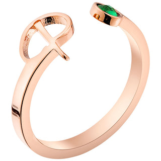 14K Rose Gold Plated Script Initial and Birthstone Open Ring