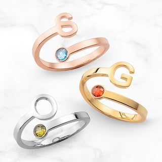 14K Gold Plated Initial and Birthstone Bypass Ring