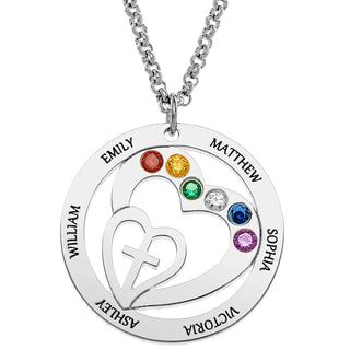 Personalized Engraved Name and Birthstone with Cross Heart Necklace