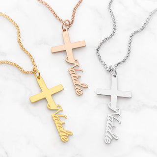 Sterling Silver Script Name Cross Necklace