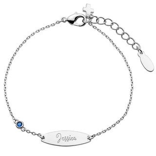 Personalized Plated Engraved Name Mini Oval With Birthstone and Cross ID Bracelet