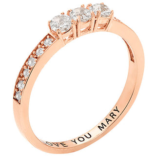 14K Rose Gold over Sterling Brilliant White Topaz Three Stone Engraved Wedding Ring