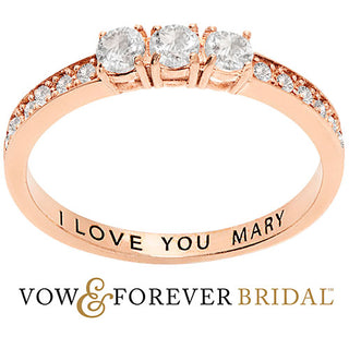 14K Rose Gold over Sterling Brilliant White Topaz Three Stone Engraved Wedding Ring