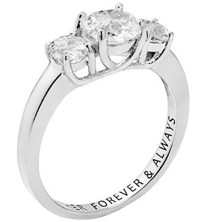 Platinum over Sterling Brilliant White Topaz Three Stone Engraved Wedding Ring