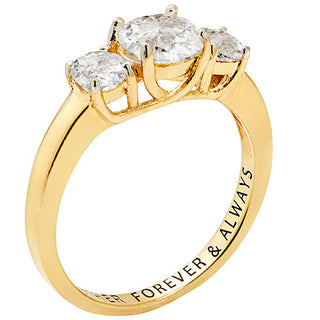 14K Gold over Sterling Brilliant White Topaz Three Stone Engraved Wedding Ring