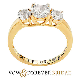14K Gold over Sterling Brilliant White Topaz Three Stone Engraved Wedding Ring