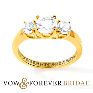 14K Gold over Sterling Brilliant White Topaz Three Stone Engraved Wedding Ring
