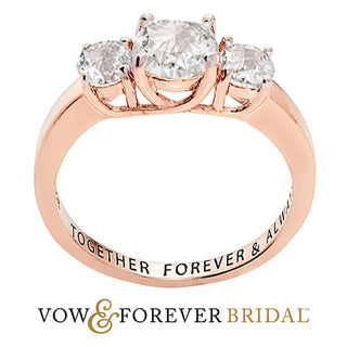 14K Rose Gold over Sterling Brilliant White Topaz Three Stone Engraved Wedding Ring