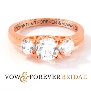 14K Rose Gold over Sterling Brilliant White Topaz Three Stone Engraved Wedding Ring
