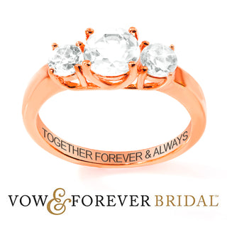 14K Rose Gold over Sterling Brilliant White Topaz Three Stone Engraved Wedding Ring