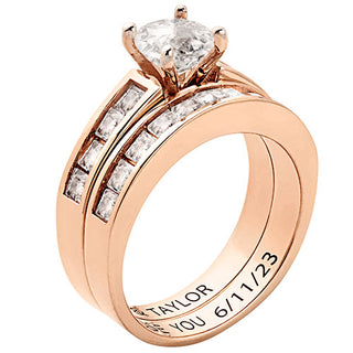 14K Rose Gold over Sterling Brilliant White Topaz 2 Piece Engraved Wedding Set