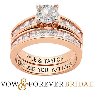 14K Rose Gold over Sterling Brilliant White Topaz 2 Piece Engraved Wedding Set