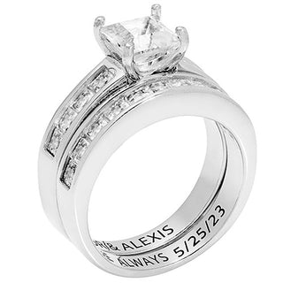 Platinum over Sterling Square White Topaz 2 Piece Engraved Wedding Set