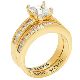 14K Gold over Sterling Square White Topaz 2 Piece Engraved Wedding Set