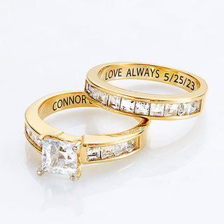 14K Gold over Sterling Square White Topaz 2 Piece Engraved Wedding Set