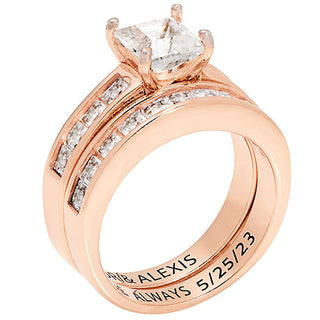 14K Rose Gold over Sterling Square White Topaz 2 Piece Engraved Wedding Set