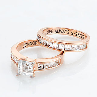 14K Rose Gold over Sterling Square White Topaz 2 Piece Engraved Wedding Set