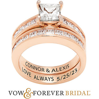 14K Rose Gold over Sterling Square White Topaz 2 Piece Engraved Wedding Set