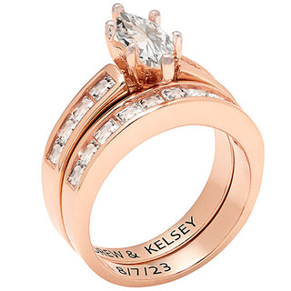 14K Rose Gold over Sterling Marquise White Topaz 2 Piece Engraved Wedding Set