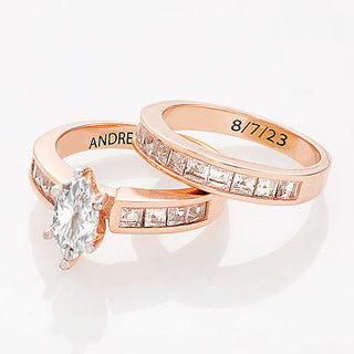 14K Rose Gold over Sterling Marquise White Topaz 2 Piece Engraved Wedding Set