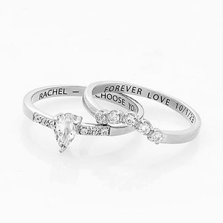 Platinum over Sterling Pear White Topaz 2 Piece Engraved Wedding Set