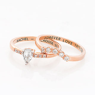 14K Rose Gold over Sterling Pear White Topaz 2 Piece Engraved Wedding Set