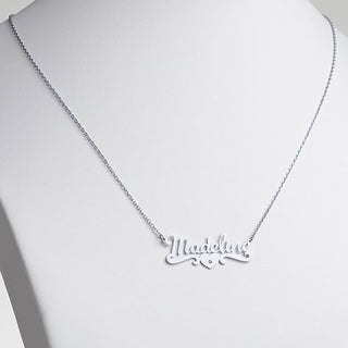 10K White Gold Script Name with CZ Heart Scroll Necklace