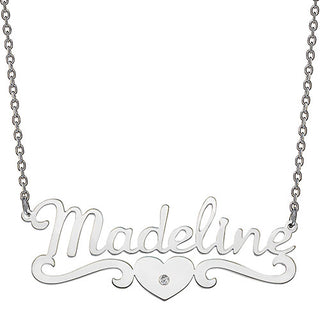 10K White Gold Script Name with CZ Heart Scroll Necklace